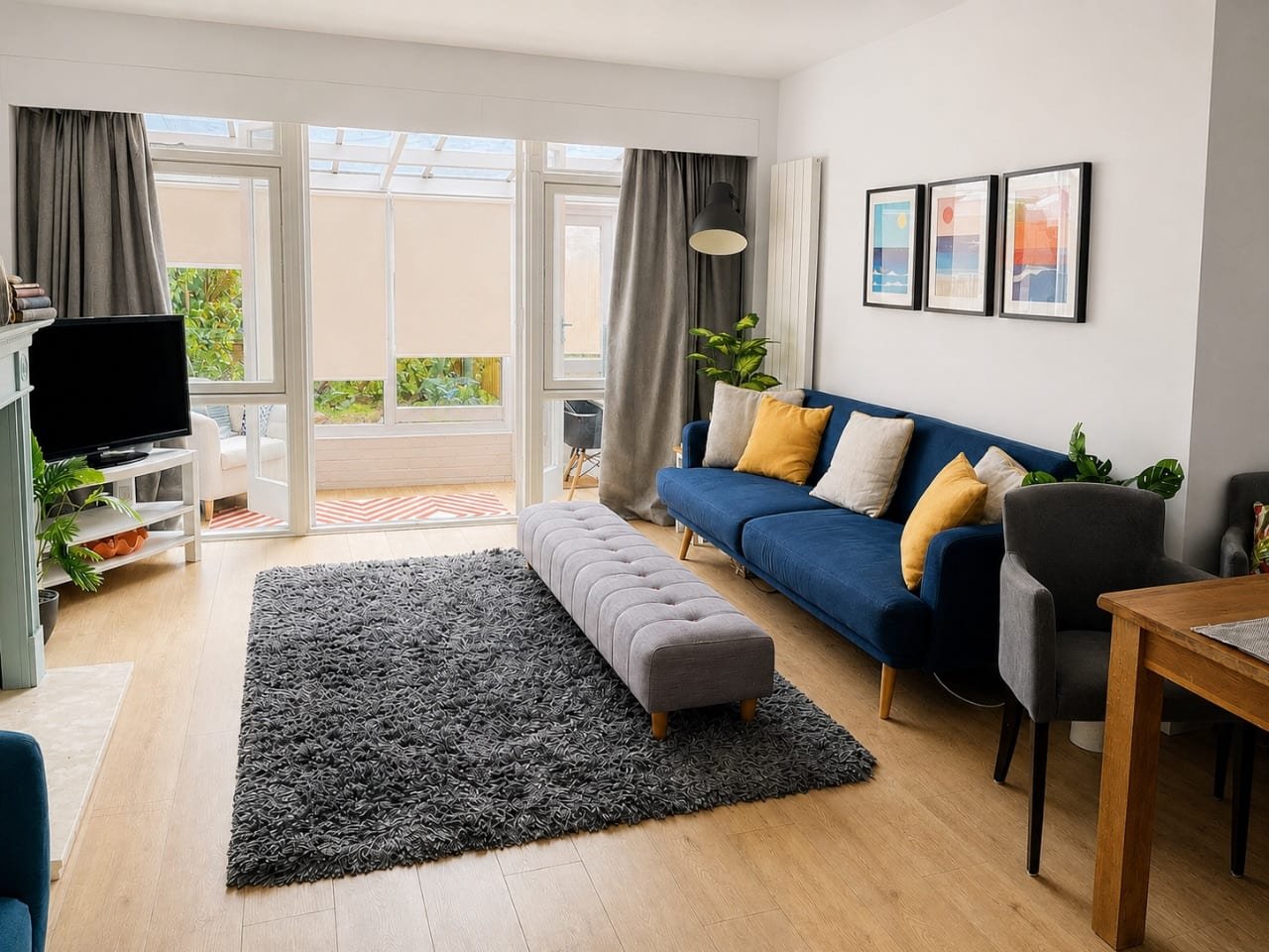 The living room, with garden doors